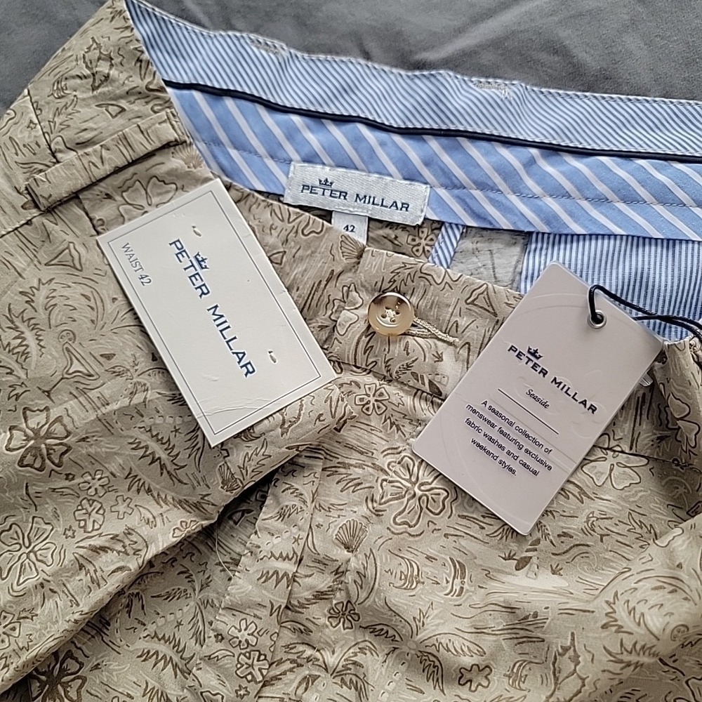 New Peter Millar Seaside Shorts Mens 42 X 9 Poplin Khaki All Over Print Shorts